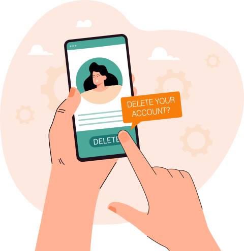 Ilustração de uma mão segurando um celular com a mensagem de exclusão de conta