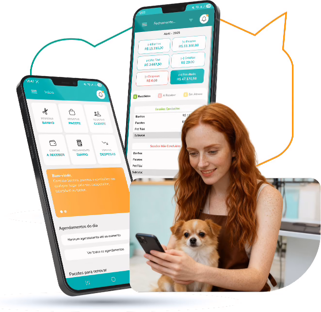 Groomer sorrindo com um cachorro no colo, usando o aplicativo Appet.tosa no celular